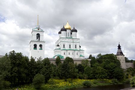view of orthodox church and kremlin's wall in pskov, russia