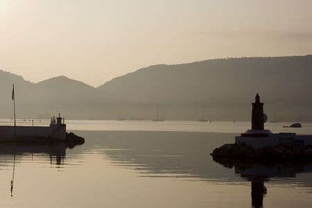 sunrise in marina of porto vecchio, corsica, franceの写真素材