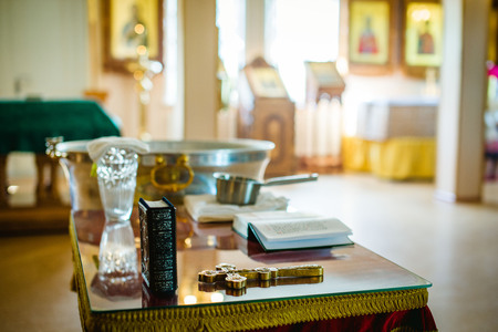 Orthodox baptism in the Church of the Babies in Ukraine and Russia icons and church attributesの写真素材