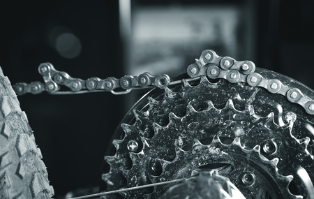 A young guy repairs a bicycle.の写真素材