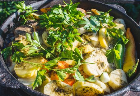 Khashlama is a very popular Armenian dish, which is prepared from lamb with vegetables. Khashlama in the bowl. Selective focusの写真素材