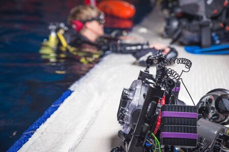 Freediver Photographer with Large Dome, Camera Housing  in Caribbean.の写真素材