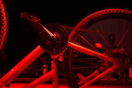 Bicycle gears, disc brake and rear derailleur. Studio shot on blackの写真素材