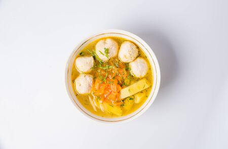 Vegetable soup with meatballs in a tureenの写真素材
