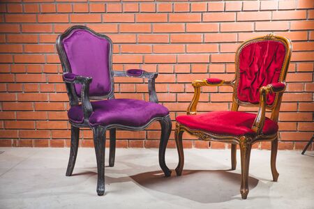 Leather sofa in brick roomの写真素材