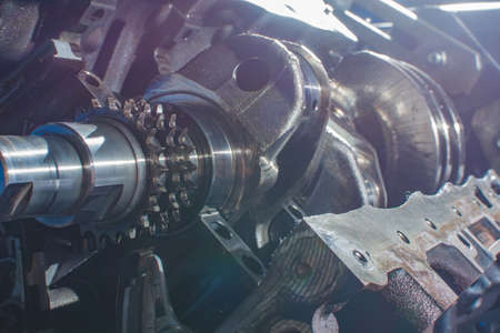 Car engine, modern automobile motor with metal, chrome, steel, plastic partsの写真素材