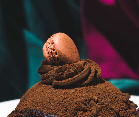 Chocolate cake covered with cocoa powder and decorated with macarons, caramel waffles, truffles and cookie sticksの写真素材