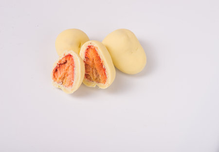 strawberry coating by white chocolate for Japanese sweet food imageの写真素材