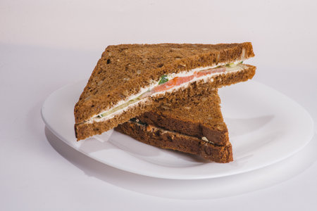 smoked salmon sandwich with cream fresh and dill on white plate