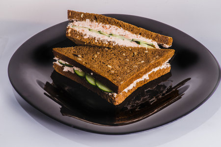 homemade baguette with smoked salmon, onions and arugula. dark background.の写真素材