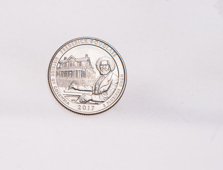 US Dollar coins President series $1 golden colored. The United States Mint honors our nation's presidents. Overhead flat layの写真素材