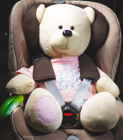 Little smiling baby child fastened with safety belt in safety car seatの写真素材