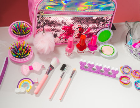 Children's plastic toys, on white backgroundの写真素材