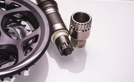 Front sprocket, chain, wheel tire and pedal of modern mountain bikeの写真素材