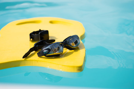Inflatable ring in swimming pool, top view. banner design