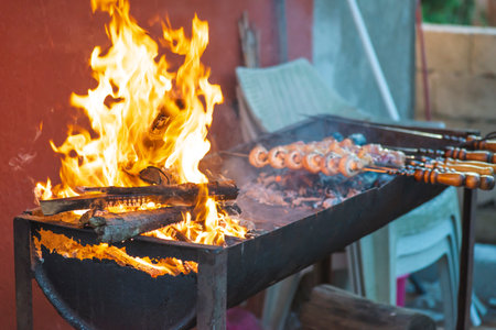 Shish kebab on the grill with smoke.の写真素材