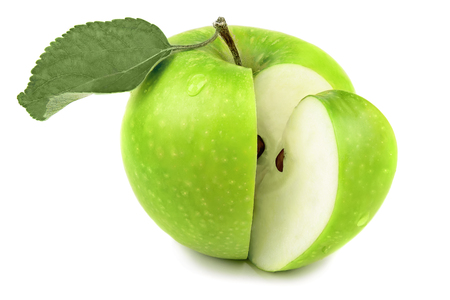 Green apple fruits and half of apple and green leaves isolated on white backgroundの写真素材