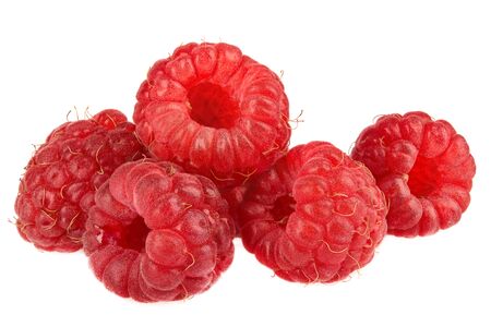 ripe raspberries isolated on white background close upの写真素材