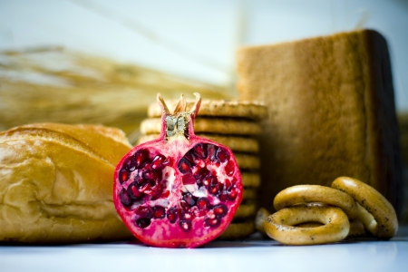assortment of baked bread with red の写真素材