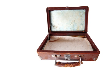 dusty open brown leather suitcase isolated on whiteの写真素材