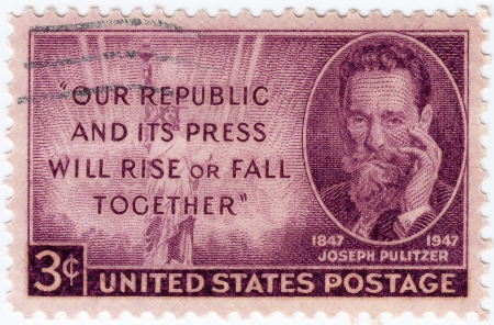 USA 1947 : stamp printed in USA showing Joseph Pulitzer, circa 1947のeditorial素材