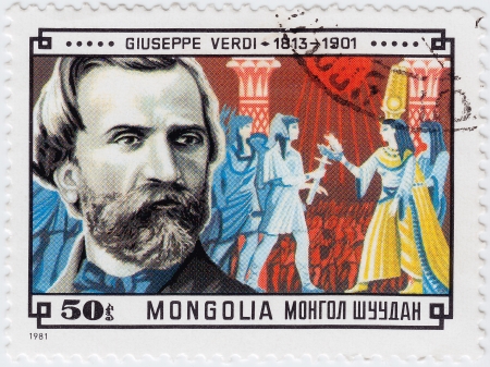 MONGOLIA - CIRCA 1981   stamp printed in Mongolia shows famous composer Giuseppe Verdi, circa 1981 のeditorial素材