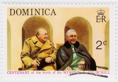 DOMINICA - CIRCA 1974 : stamp printed in Dominica shows Winston Churchill (L) and Franklin D. Roosevelt in The Tehran Conference 1943 , circa 1974のeditorial素材