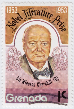 GRENADA - CIRCA 1997 : stamp printed in Grenada shows Winston Churchill is an Nobel Literature Prize in 1953 year, circa 1997のeditorial素材