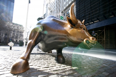 Bull in NY Wall Street with sunspotのeditorial素材