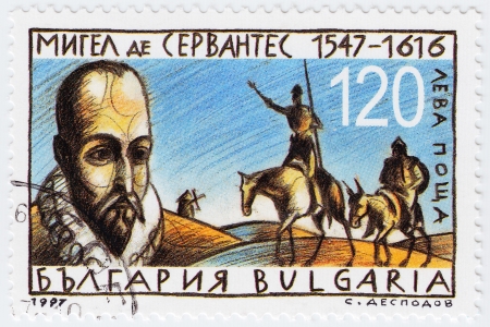 BULGARIA - CIRCA 1997  stamp printed in Bulgaria shows Miguel de Cervantes Spanish novelist, poet and playwright, circa 1997のeditorial素材