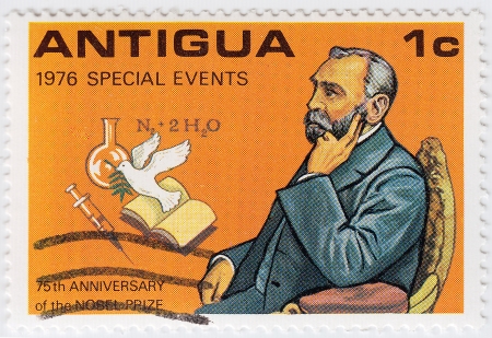 ANTIGUA - CIRCA 1976 : stamp printed in Antigua show portrait of Alfred  Nobel, circa 1976のeditorial素材