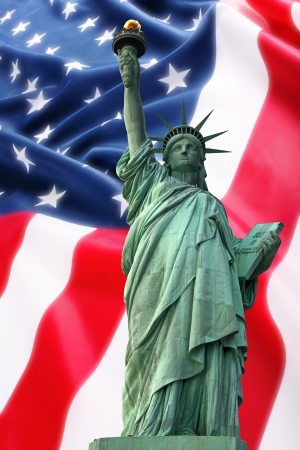 NY Statue of Liberty against a flag of USAの写真素材