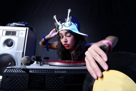 cool DJ with vinyl in actionの写真素材