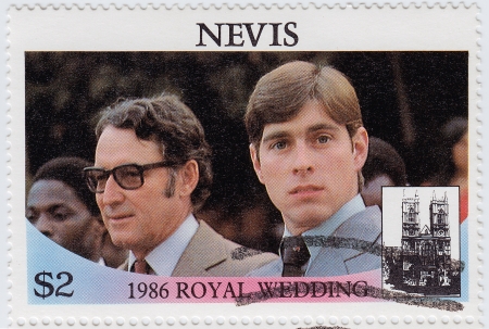 NEVIS - CIRCA 1986 : stamp printed in Nevis showing royal wedding - Prince Andrew (R), Duke of York, circa 1986のeditorial素材