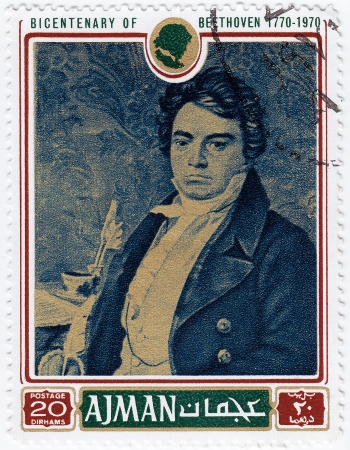 AJMAN - CIRCA 1970 : stamp printed in Ajman shows a portrait of Ludwig van Beethoven, circa 1970のeditorial素材