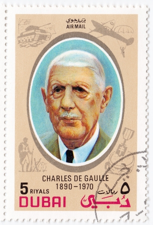 DUBAI - CIRCA 1990 : stamp printed in Dubai shows Charles De Gaulle - French general, founded the French Fifth Republic , circa 1990のeditorial素材
