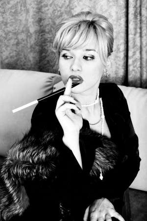 woman in retro style with mouthpiece