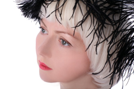 lovely woman with black feather isolated on white