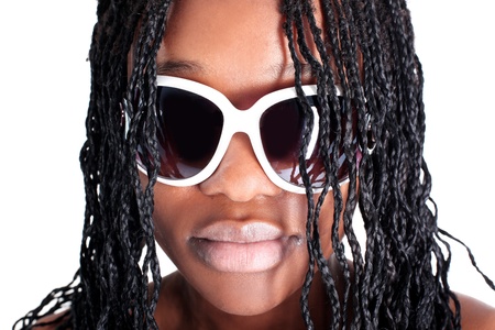 young afro-american woman in glasses isolated on white