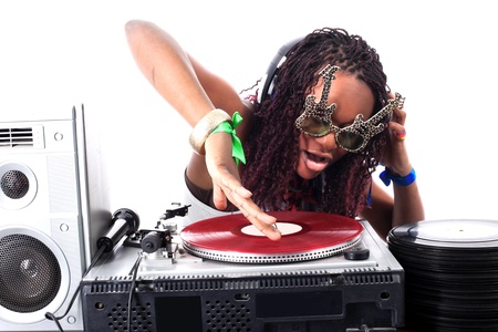 cool afro american DJ in action isolated on whiteの写真素材