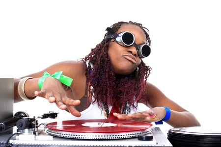 cool afro american DJ in action isolated on whiteの写真素材