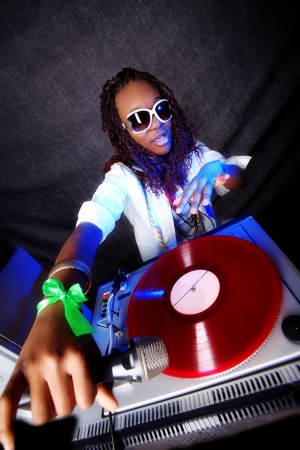 cool afro american DJ in actionの写真素材
