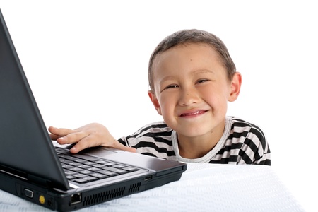 boy with notebook isolated on white