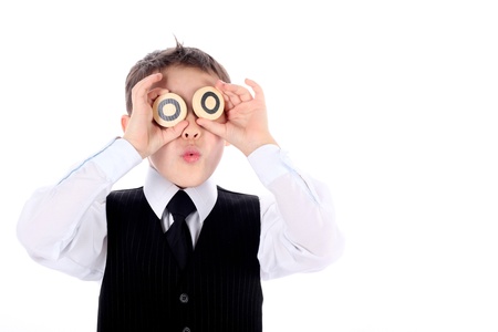 schoolboy with wooden roundの写真素材