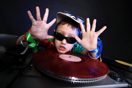 cool kid DJ in actionの写真素材