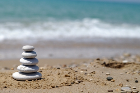 Pebble stack on the seashoreの写真素材