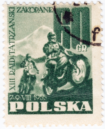 POLAND - CIRCA 1955: A stamp printed in Poland shows motocross, circa 1955 の写真素材