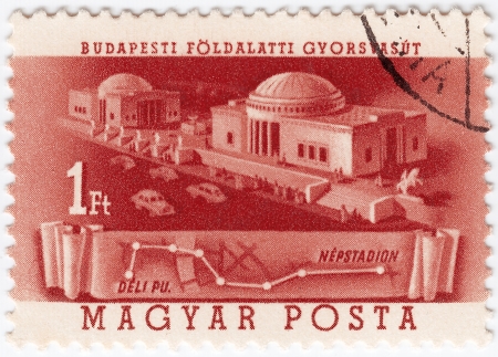 HUNGARY - CIRCA 1952: Stamp printed in Hungary shows subway building in Budapest, circa 1952 のeditorial素材