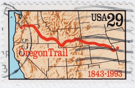 USA - CIRCA 1993 : stamp printed in USA shows Oregon trail, circa 1993のeditorial素材