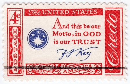 USA - CIRCA 1960 : stamp printed in USA quotation by Francis Scott Key - And this be our motto, In God we trust, circa 1960のeditorial素材